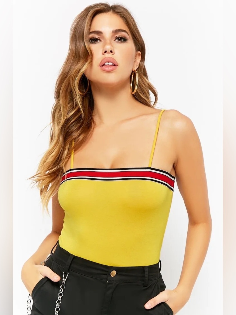 Yellow Rayon Striped Trim Spaghetti Strap Bodysuit